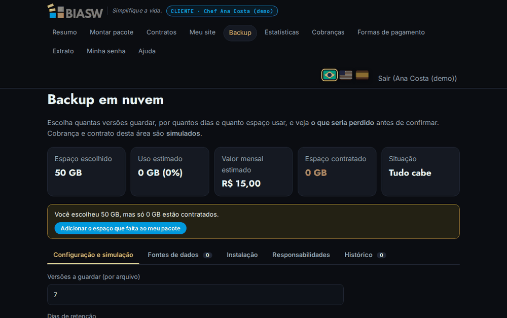 Tela de backup com a simulação
