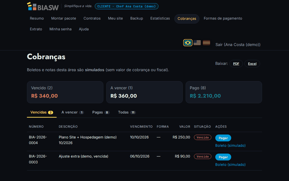 Lista de cobranças do portal