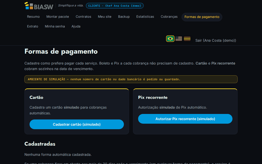 Tela Formas de pagamento
